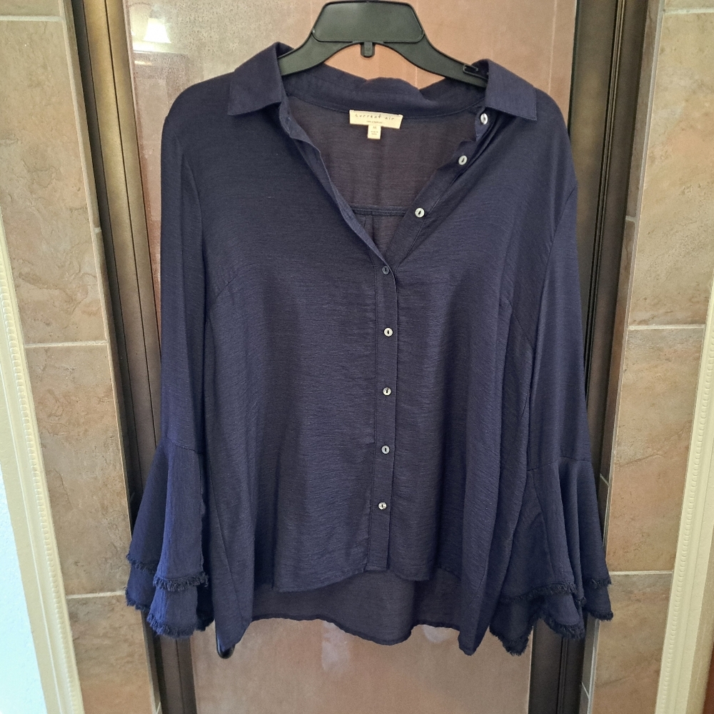 Current Air Navy Blue Button Down Bell Sleeve Blouse Size Medium